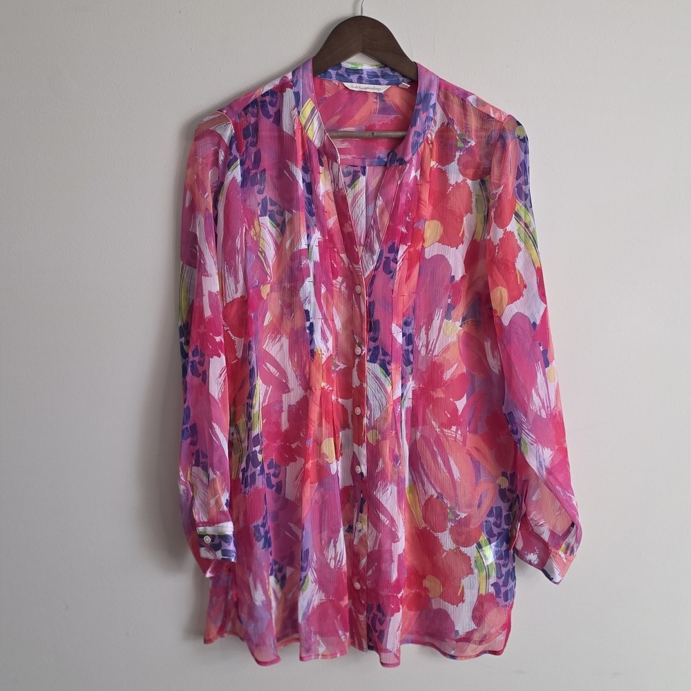 Soft Surroundings Tunic Women Large Pink Floral Sheer Button Front Long Sleeve